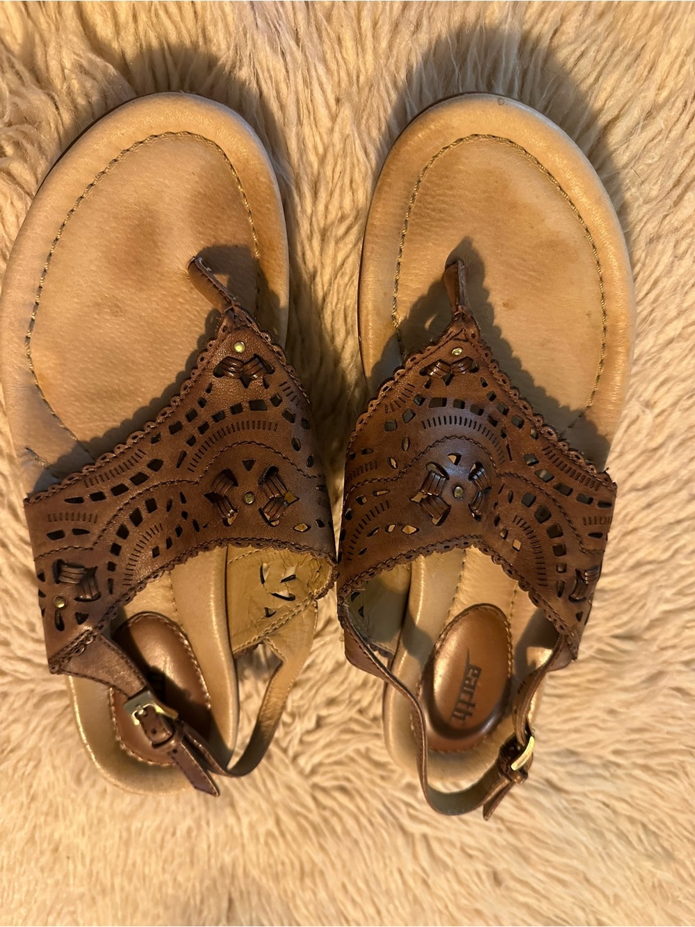 Earth Brown Laser-Cut Leather Slingback Sandals